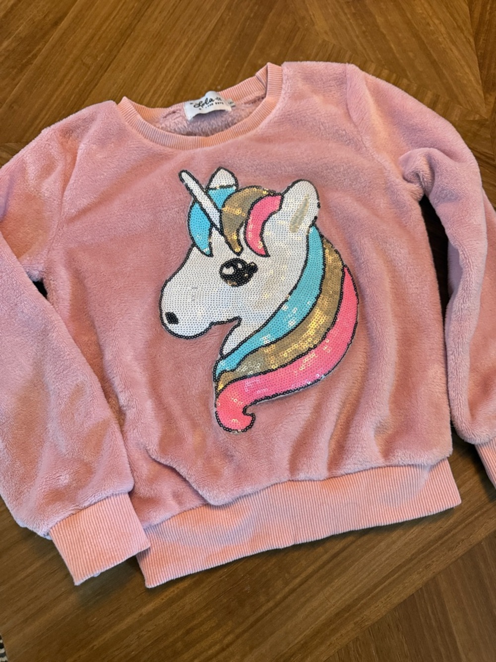 Lola + The Boys Pink Plush Unicorn Sequin Sweatshirt
